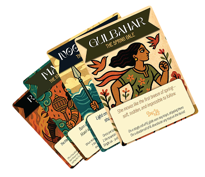 Stacked character group cards from the Ludo RPG concept.